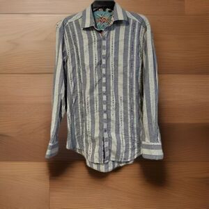 Robert Graham Mens Striped Button Down Shirt Embroidered Contrast Flip Cuff Med